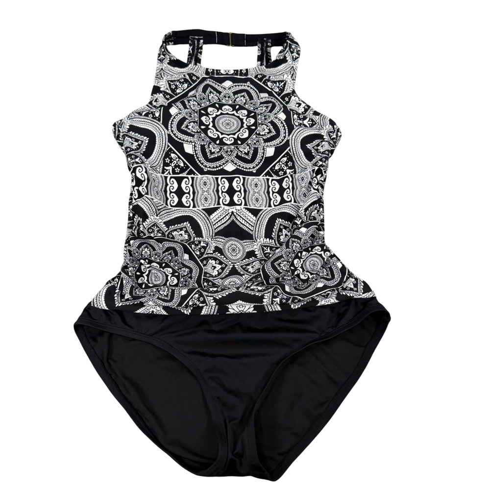 Jantzen Womens High‎ Neck Mandala Print One Piece Swimsuit Black White Halter